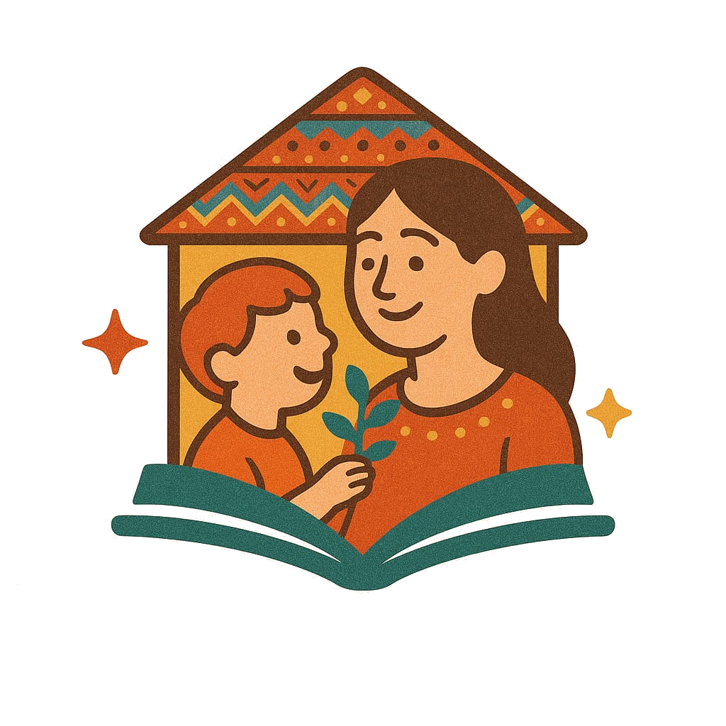 Ilustración de familia aprendiendo juntos, simbolizando la educación familiar centrada en valores